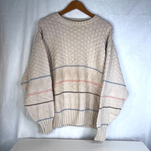 Hunt Club Preppy Cable Knit Striped Fisherman Sweater 100% Cotton Size MD VTG - Picture 7 of 7